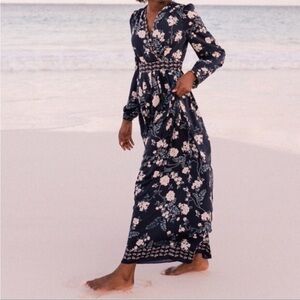 Gal Meets Glam Jade Floral Blue Maxi Long Sleeve Dress Size 6